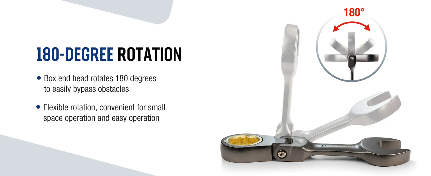 Adjustable box end wrench with 180 degree rotation, innovation and quality, shown for convenient small space use