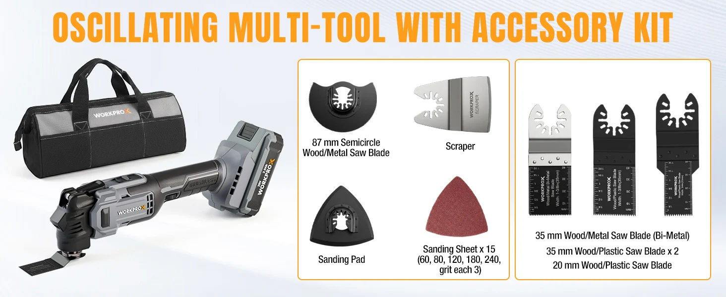 Multi tool accessory kit with innovation and quality shown by blades, sanding pad, scraper, and storage bag