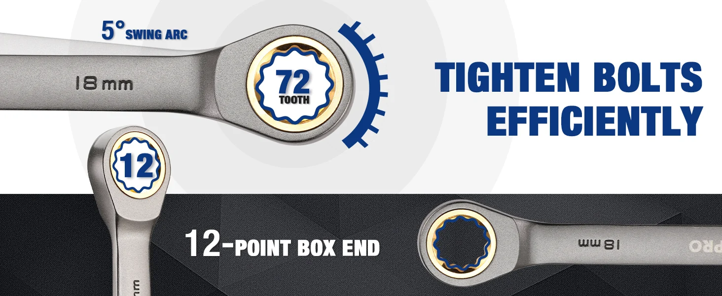 Wrench with 12 point box end and tight bolts effectively, showing 5 swing arc and 18 mm marking