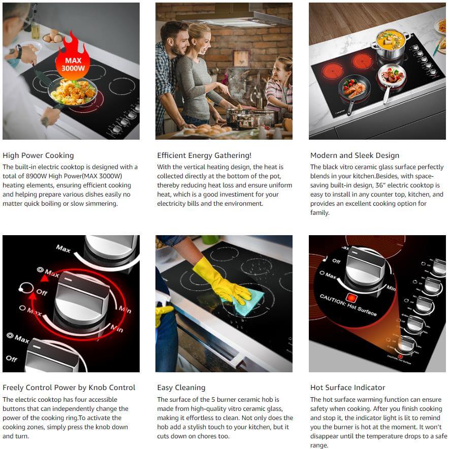 AMZCHEF Electric Cooktop with 5 Burners 8900W Power Control by Knob 3