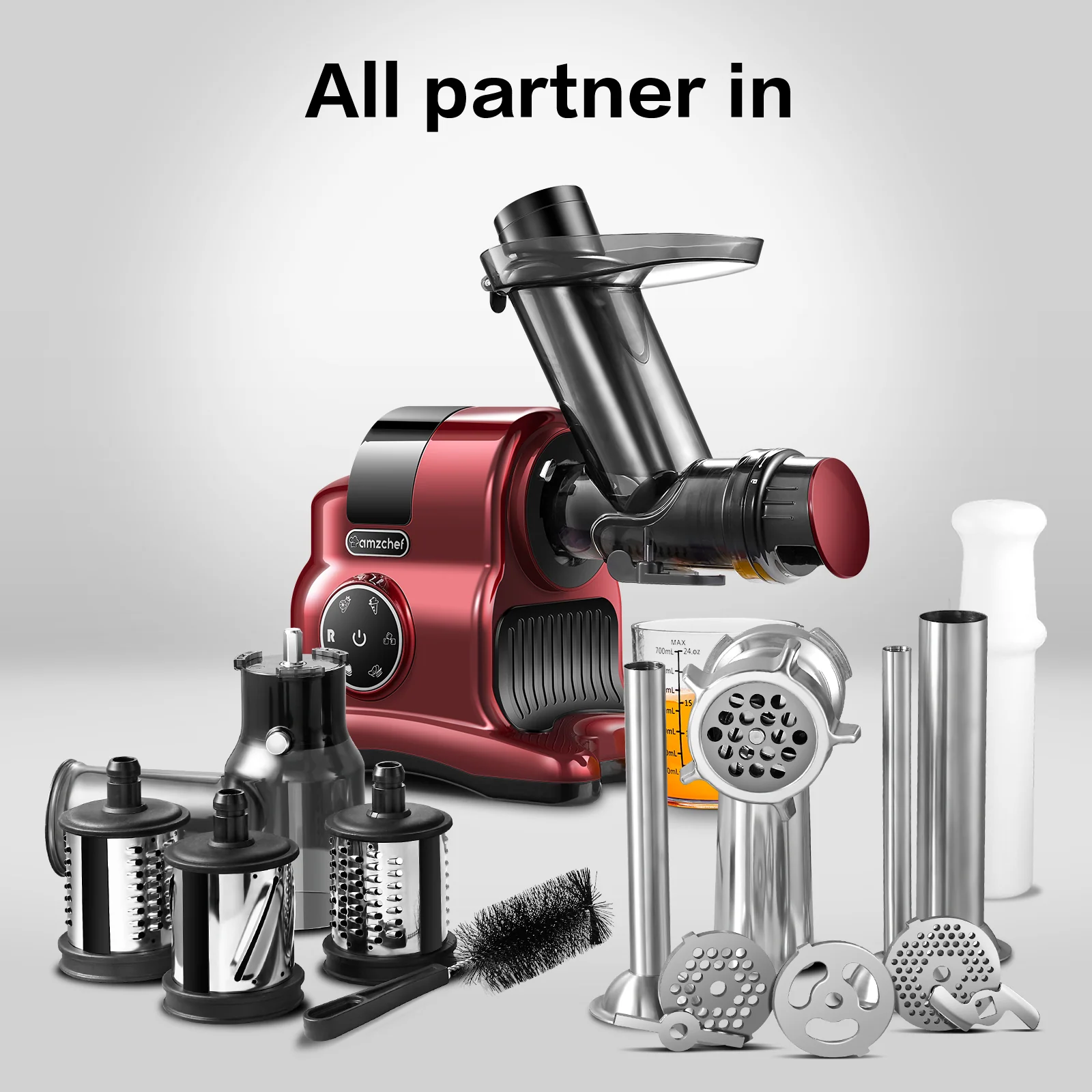 AMZCHEF 5-in-1 Inovative Cold Press Slow Juicer ZM1517 Red 2