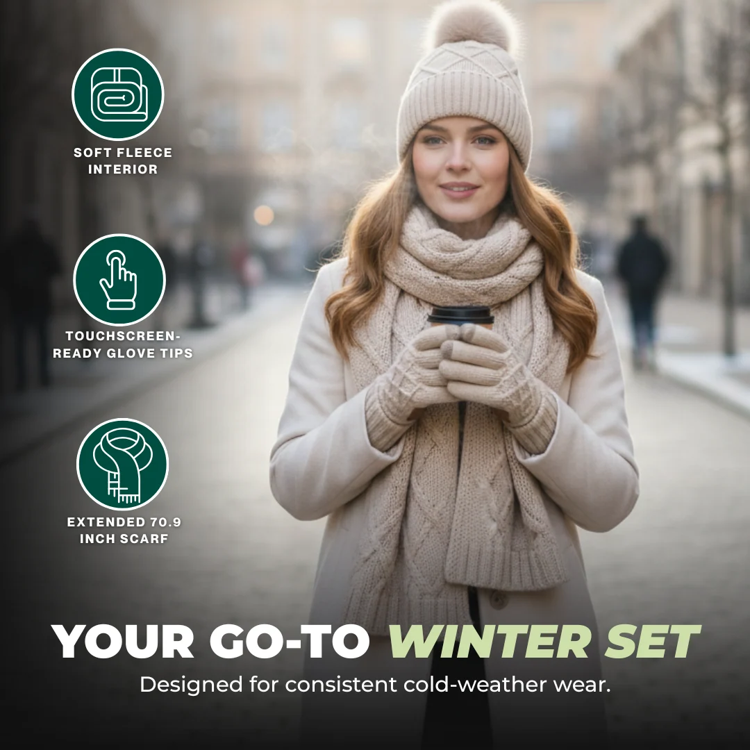 Women’s 4-in-1 Winter Hat, Scarf, Gloves, and Headband Set Oatmeal
