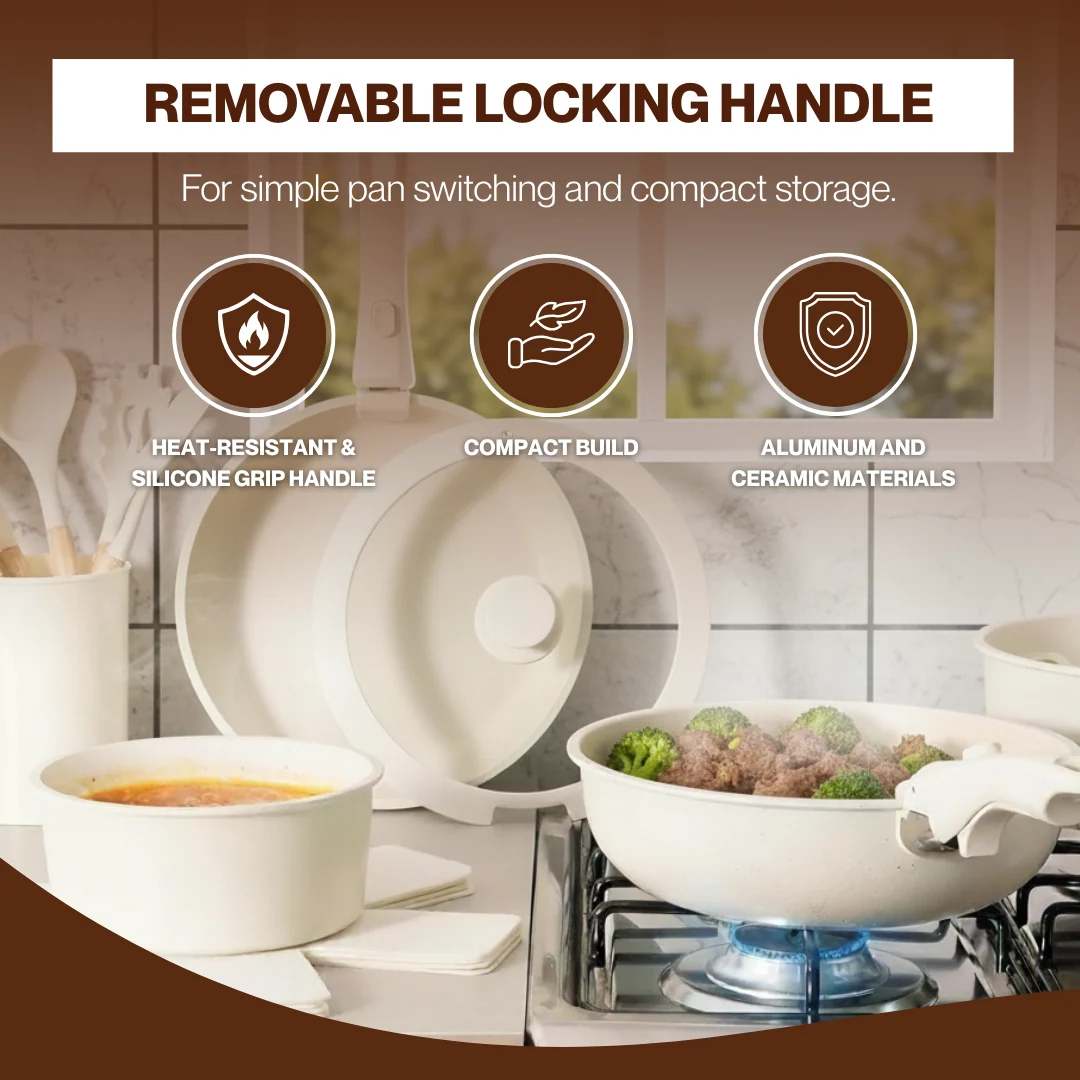 Nonstick Cookware Set with Removable Handle and Transparent Glass Lids