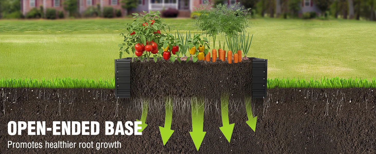 Garden bed cross section with open embedded base, showing soil, roots, and vegetables on a lawn background
