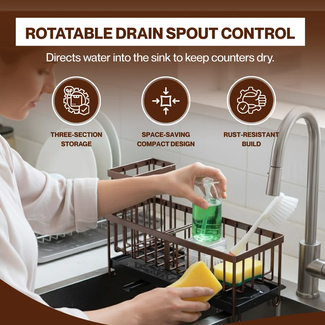 Stainless Steel Sink Caddy Organizer with Rotatable Drain Spout