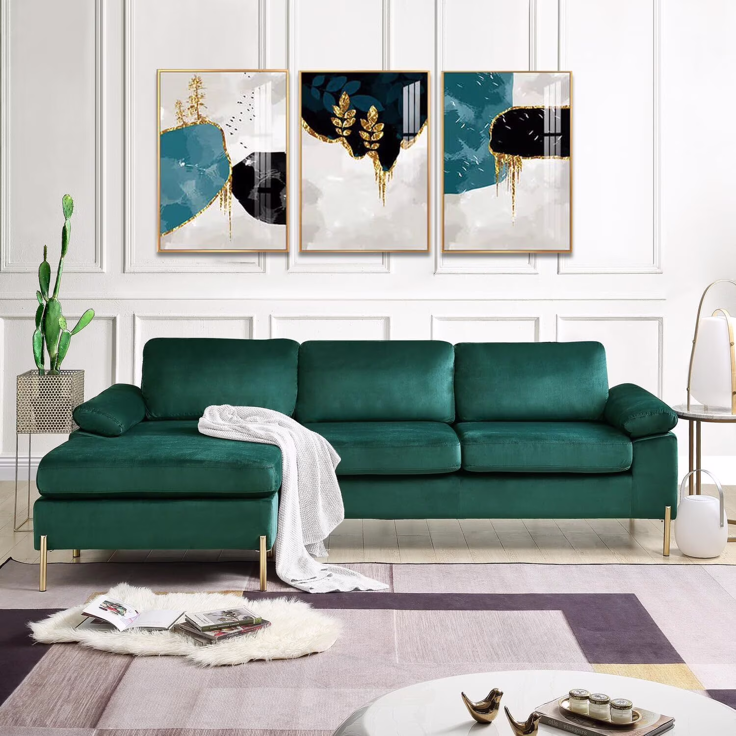 HomeStock Luxe Modern Velvet L-Shape Sectional Sofa with Square Padded Armrests, Solid Pattern Upholstery - 51.6"D x 101.2"W x 33.1"H, Comfortable and Stylish Seating for Living Room-Color:Gray/Gold - Image 5