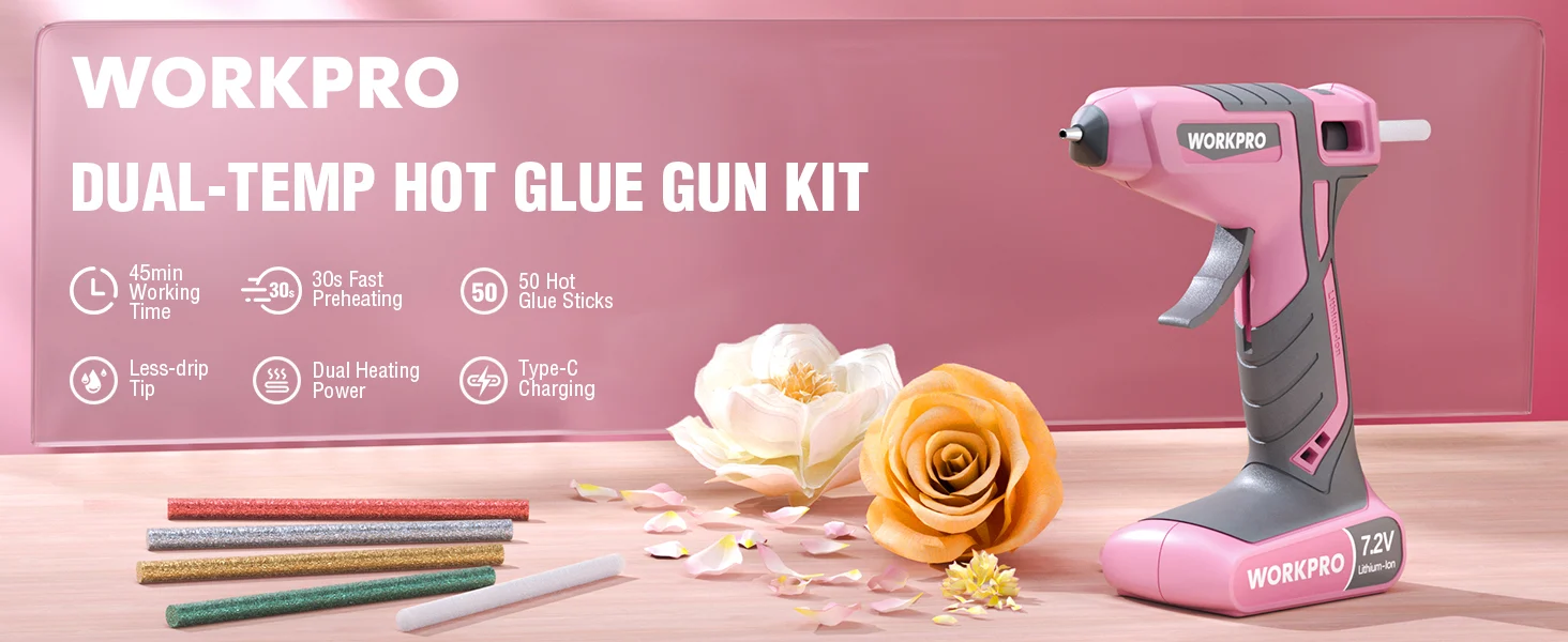 Pink hot glue gun kit with sticks and flowers, showing dual temp hot glue and preheating time