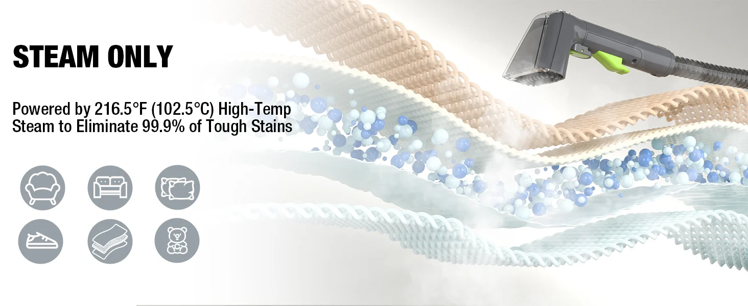 Steam cleaner nozzle releasing mist over coiled hoses, with innovation and quality for secure, durable cleaning