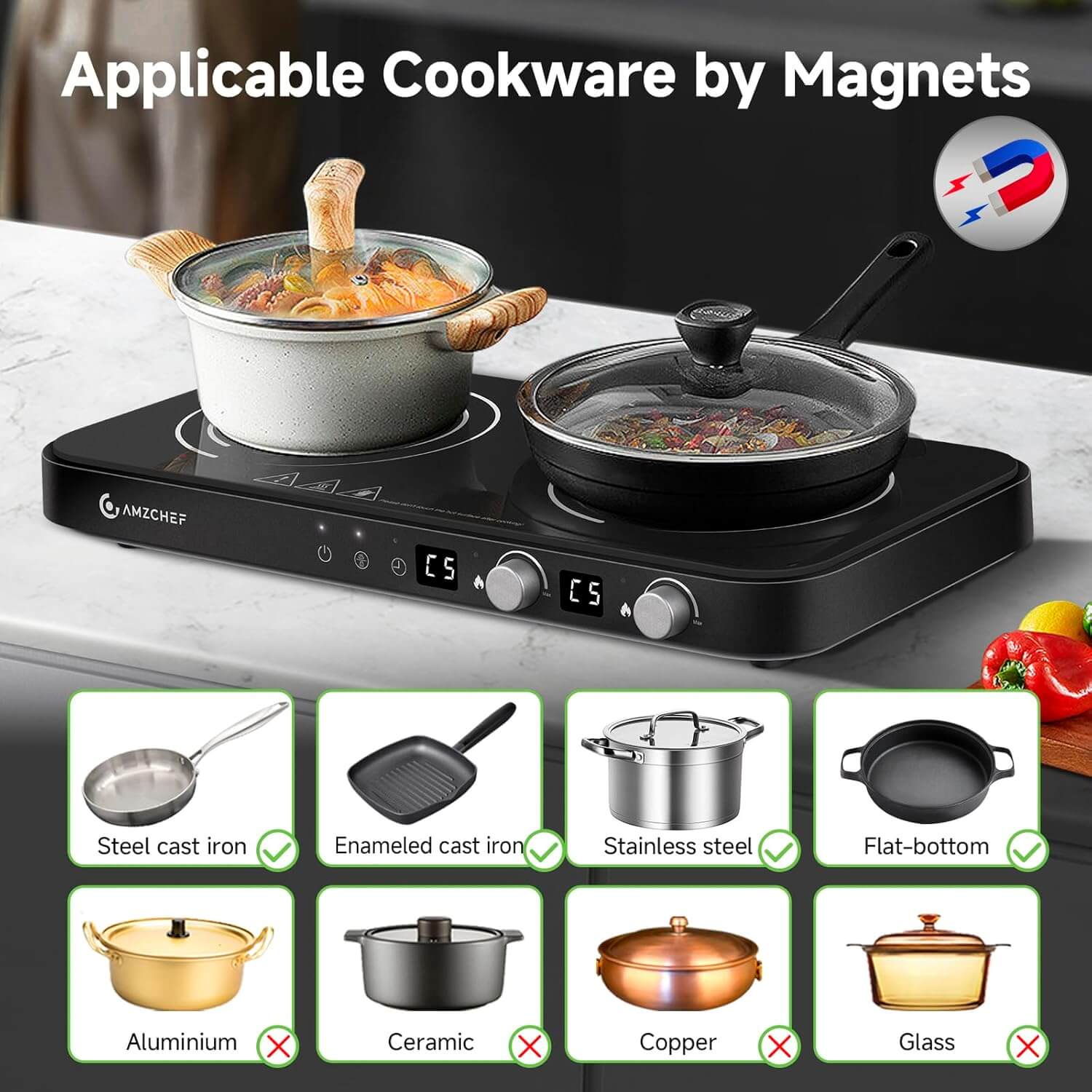 AMZCHEF Double Induction Cooktop with Removable Iron Cast Griddle Pan Black 4