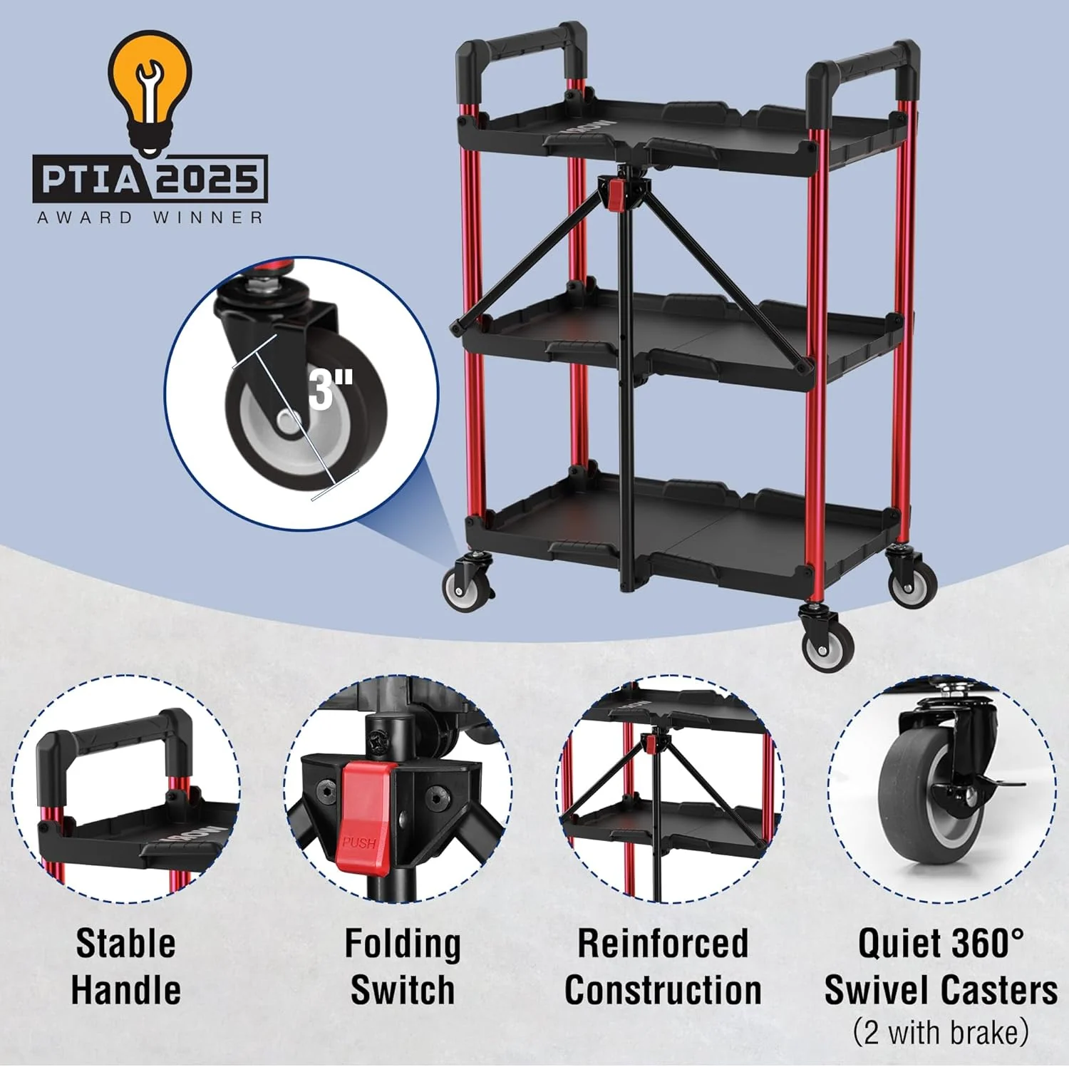 WORKPRO 3-Tier Collapsible Service Cart, Black/Red, 210 LBS Foldable Utility Cart with Wheels, Portable Rolling Tool Cart for Garage, Warehouse, Home, Restaurant and Office (No Assembly Required) - Image 5