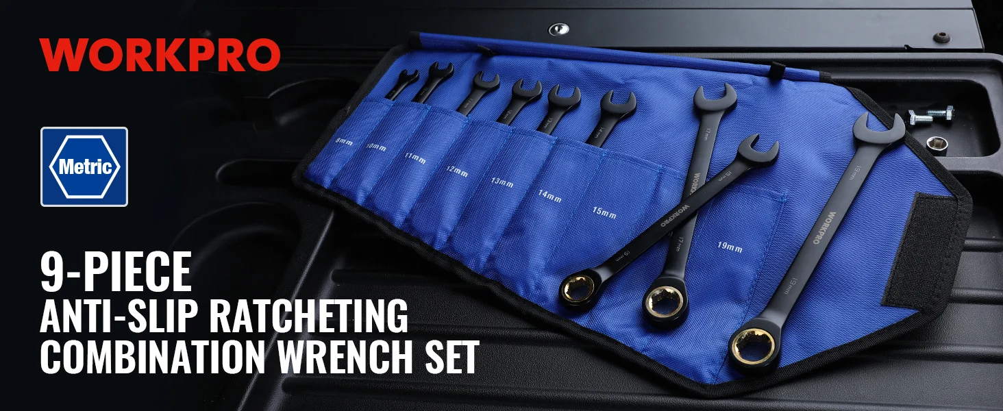 9 piece ratcheting wrench set with blue fabric organizer and metric markings, with WORKPRO branding