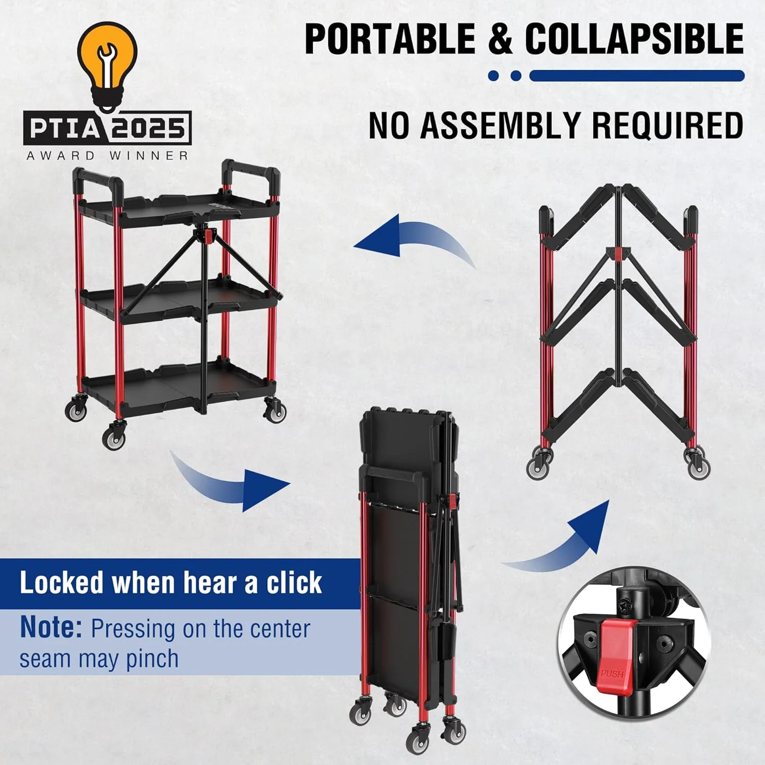 WORKPRO 3-Tier Collapsible Service Cart, Black/Red, 210 LBS Foldable Utility Cart with Wheels, Portable Rolling Tool Cart for Garage, Warehouse, Home, Restaurant and Office (No Assembly Required) - Image 2