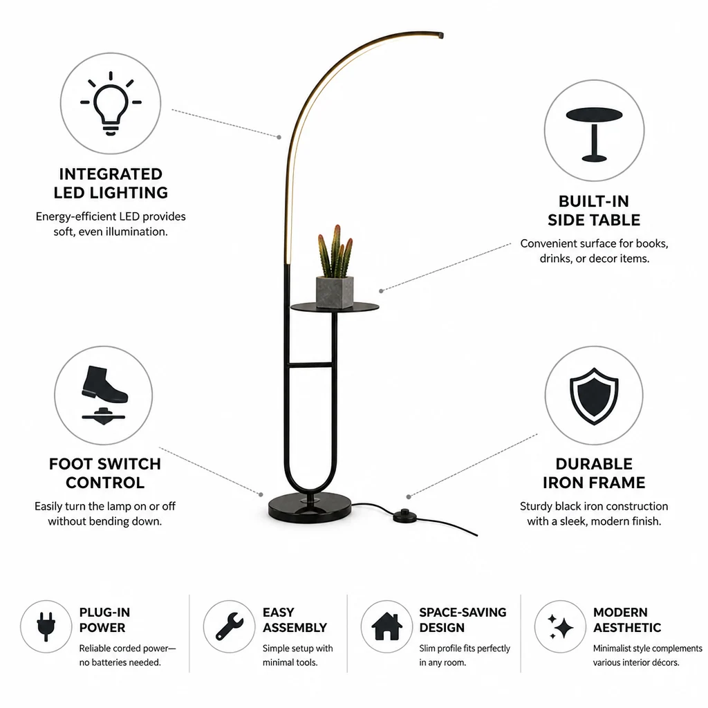 Integrated LED & Side Table Arc Floor Lamp - Image 4