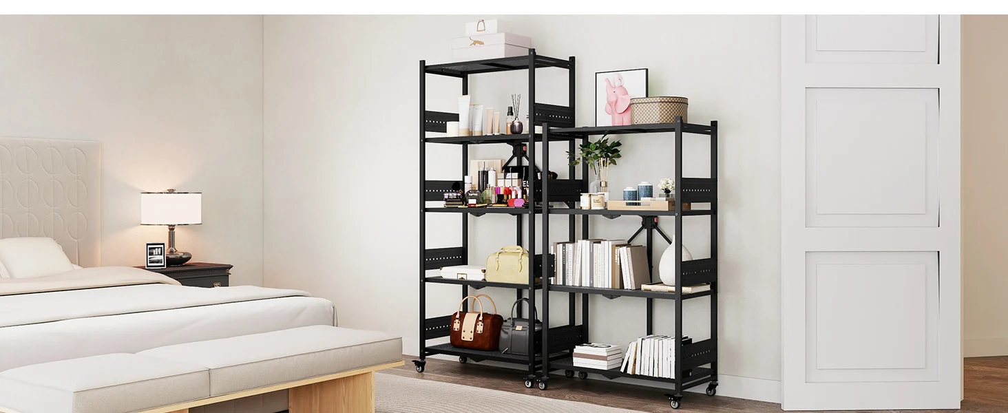 Black metal rolling storage shelf in a bright bedroom, holding books and toiletries with neat, durable shelves