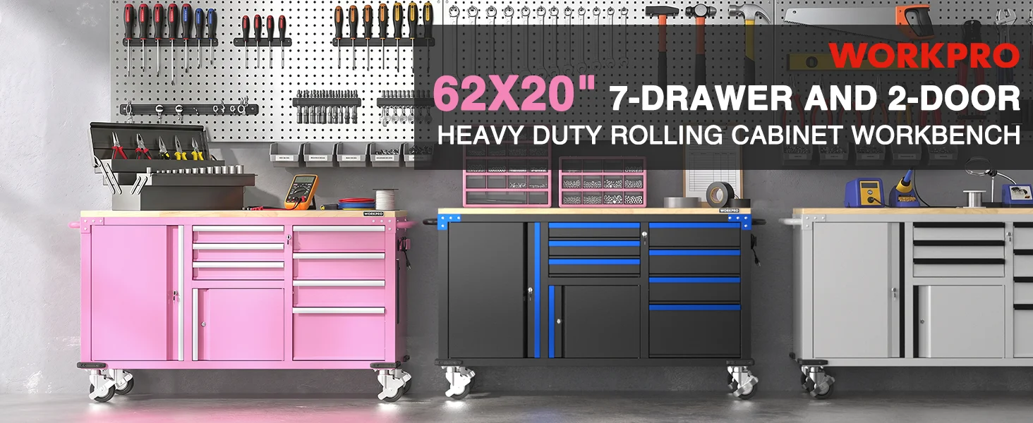 Tool cabinets and workbench in a garage workshop, showing 62x20 7-drawer and 2-door heavy duty design