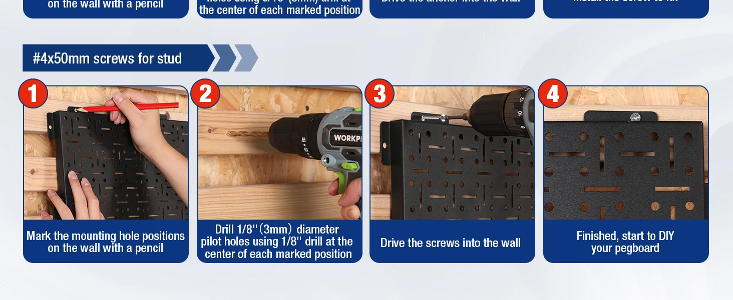 DIY pegboard mounting steps with a drill and screws on a wooden wall, showing marked hole positions