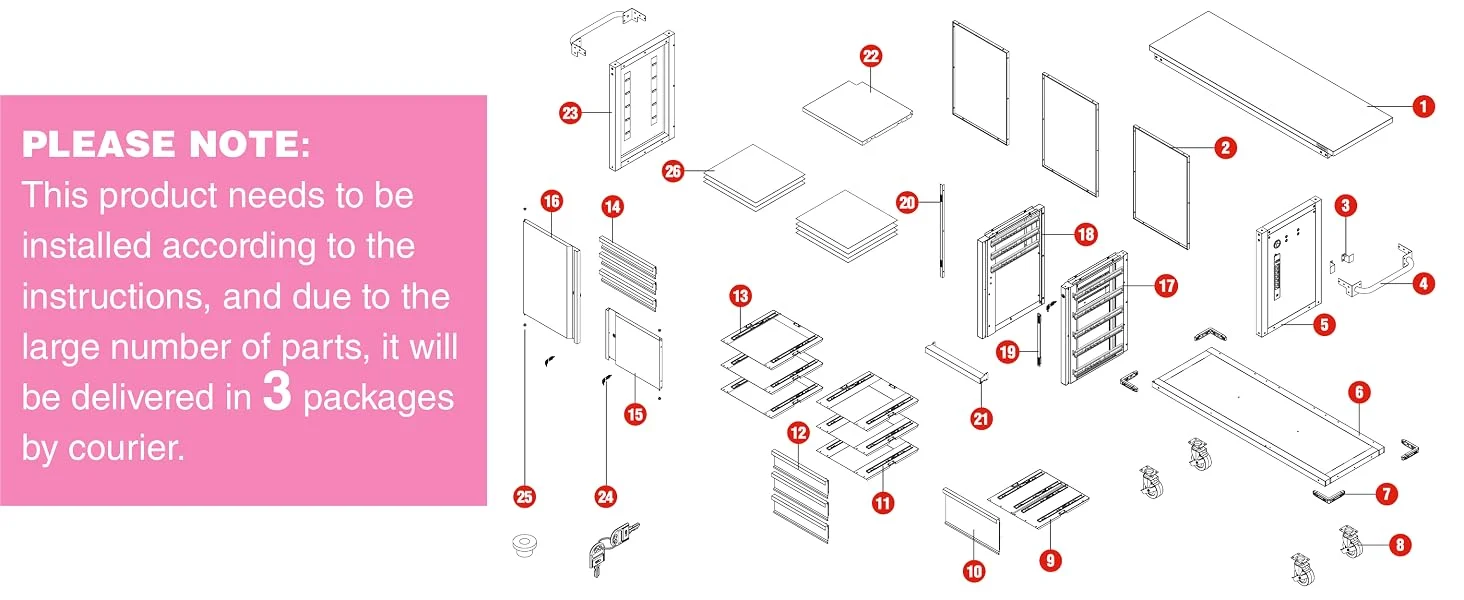 Exploded view diagram of a cabinet or appliance installation with numbered parts and an instruction note panel