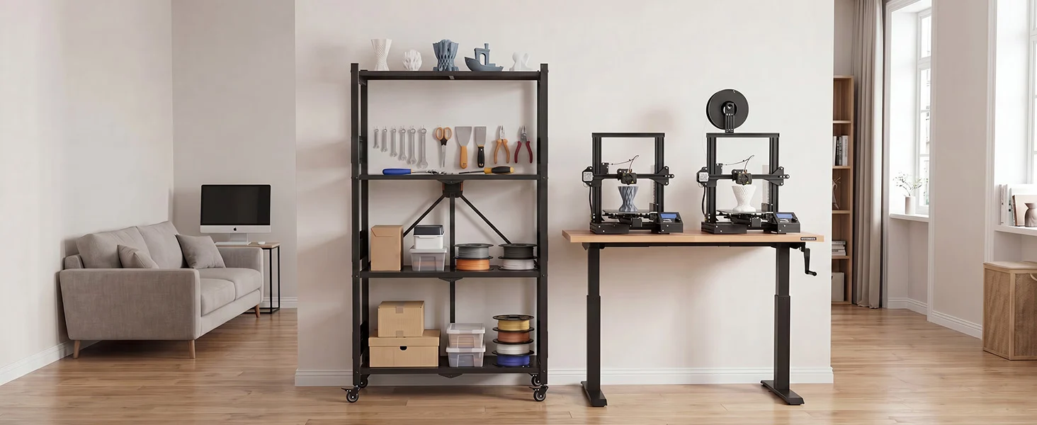 3D printer workstation setup with innovation and quality, including two printers, tools, and storage shelves in a bright room