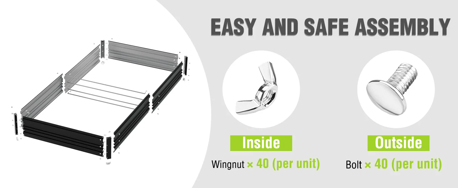 Metal frame assembly diagram with wingnut and bolt hardware, showing easy and safe assembly