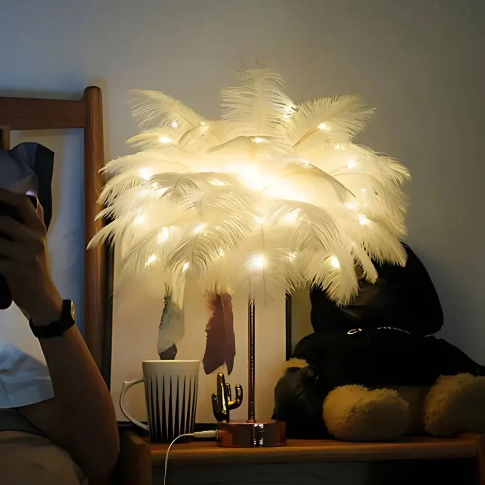 Feathered Serenity Table Lamp with Stylish Metal Stand - Image 9