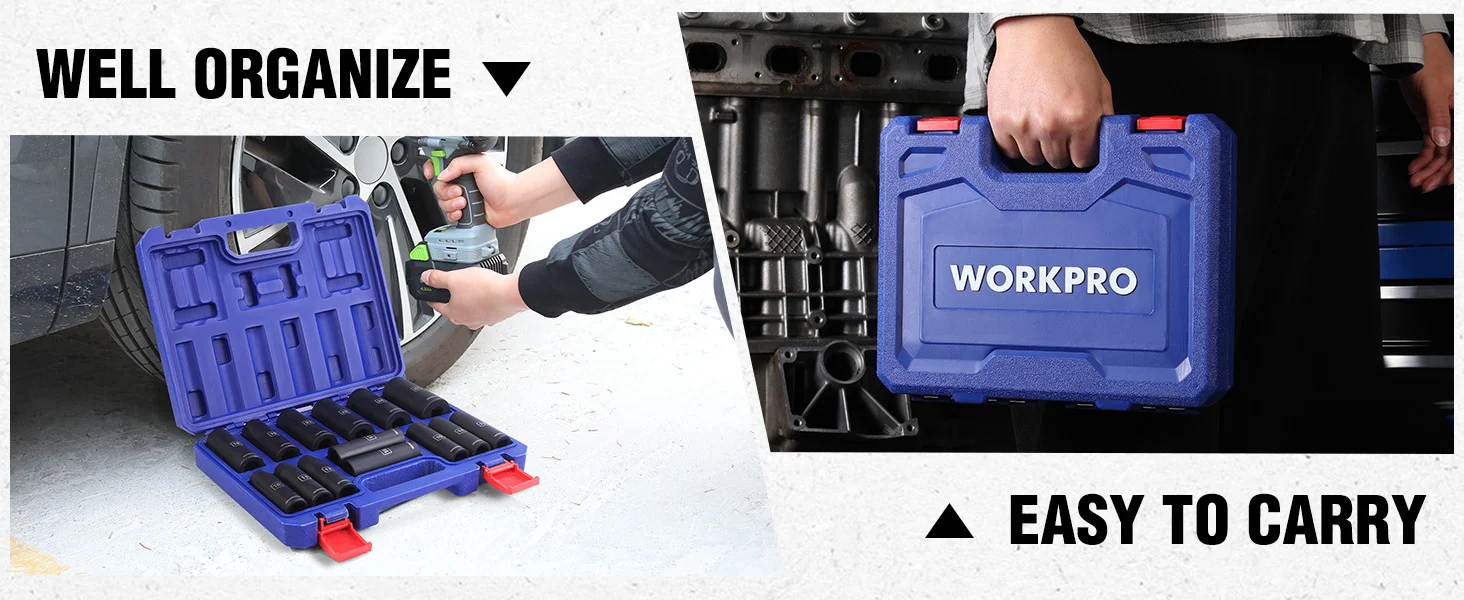 Blue tool case with sockets, hand holding it near car parts, with innovation and quality shown on labels