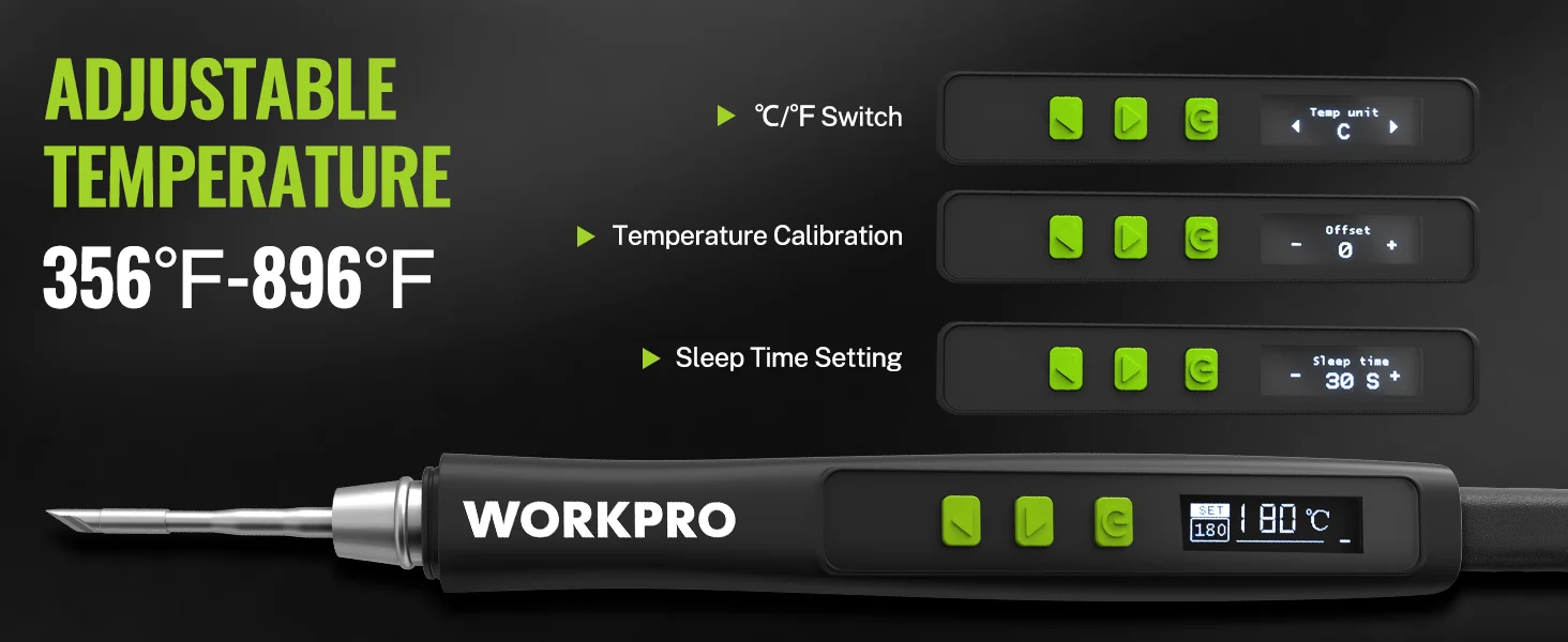 Temperature control soldering iron handle with WORKPRO label, innovation and quality settings on a display