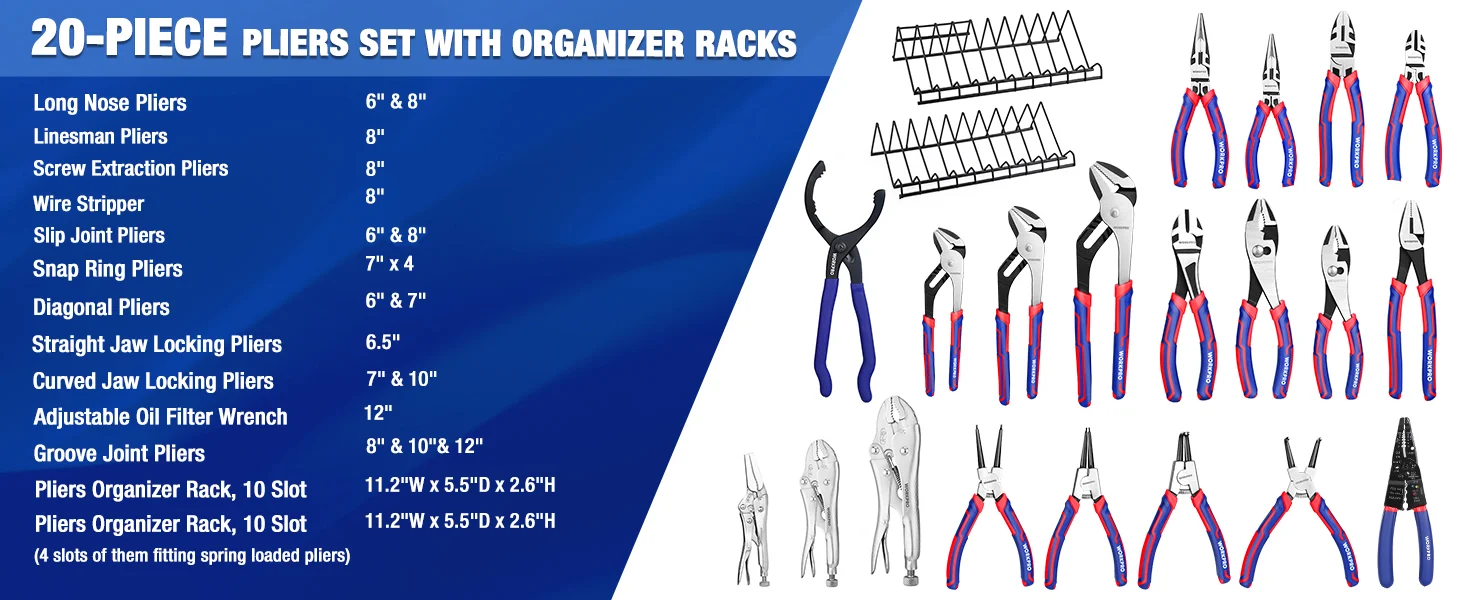 20 piece pliers set with organizer racks shown on a blue layout with multiple blue and red tool handles