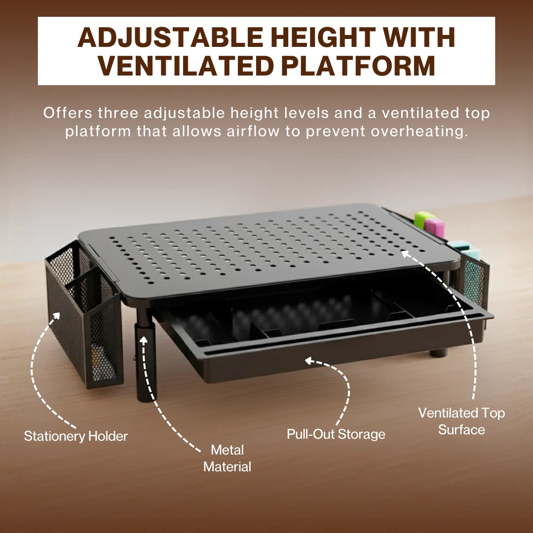 Adjustable Monitor Riser with Pull-Out Storage and Ventilated Platform