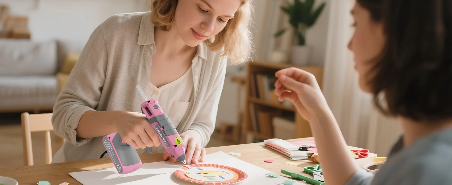 Woman using a pink and gray stapler on paper crafts at a home table, with innovation and quality visible