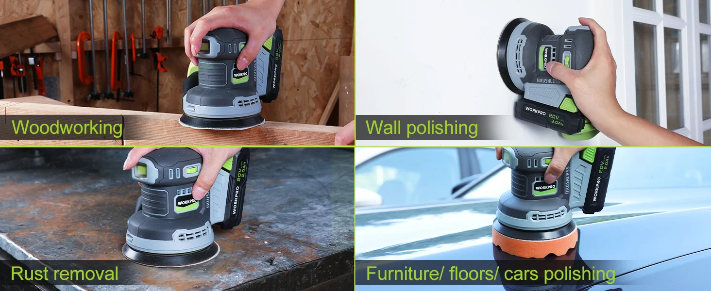 Power sander and polisher in a workshop and on a car, with innovation and quality shown on screen labels