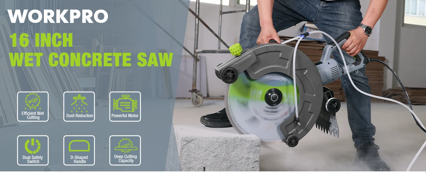 Concrete wet saw with dust mist, innovation and quality shown on a worksite banner