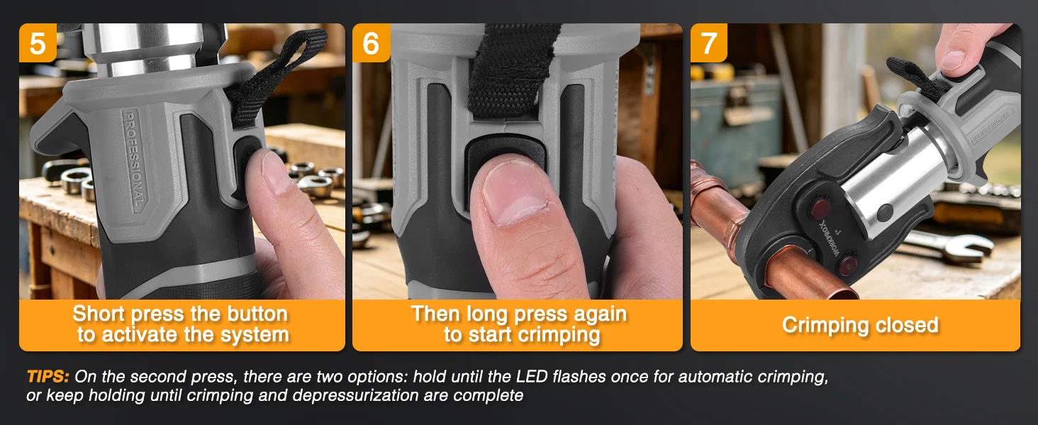 Crimping tool steps show button press, long press to start crimping, and crimping closed on a workbench