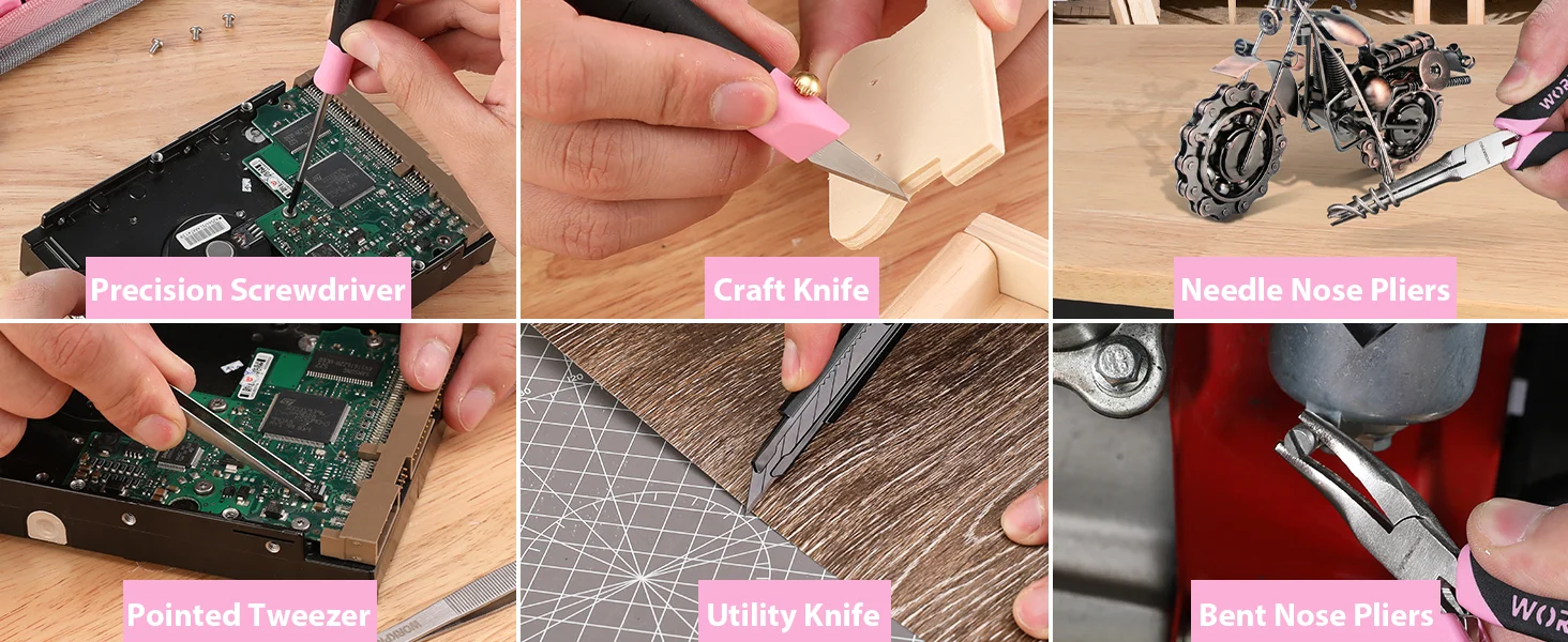 Tools and hands show precision screwdriver, craft knife, needle nose pliers, pointed tweezer, utility knife, and bent nose pliers