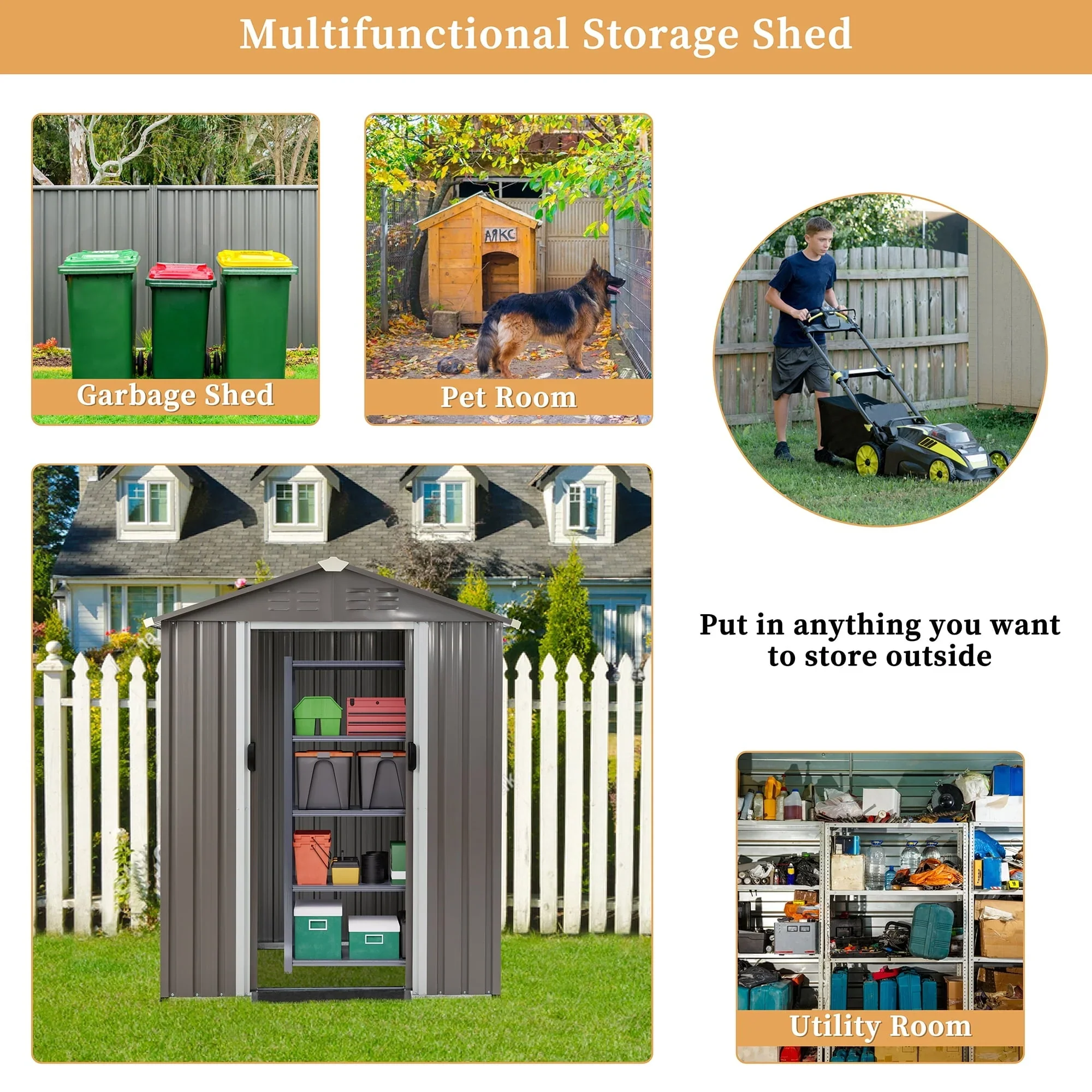 Sobaniilo 5'x 3'x 6' FT Outdoor Storage Metal Shed with Lockable Door, Tools Storage Shed Clearance, Outdoor House for Backyard Patio, Lawn and Garden, Gray - Image 2