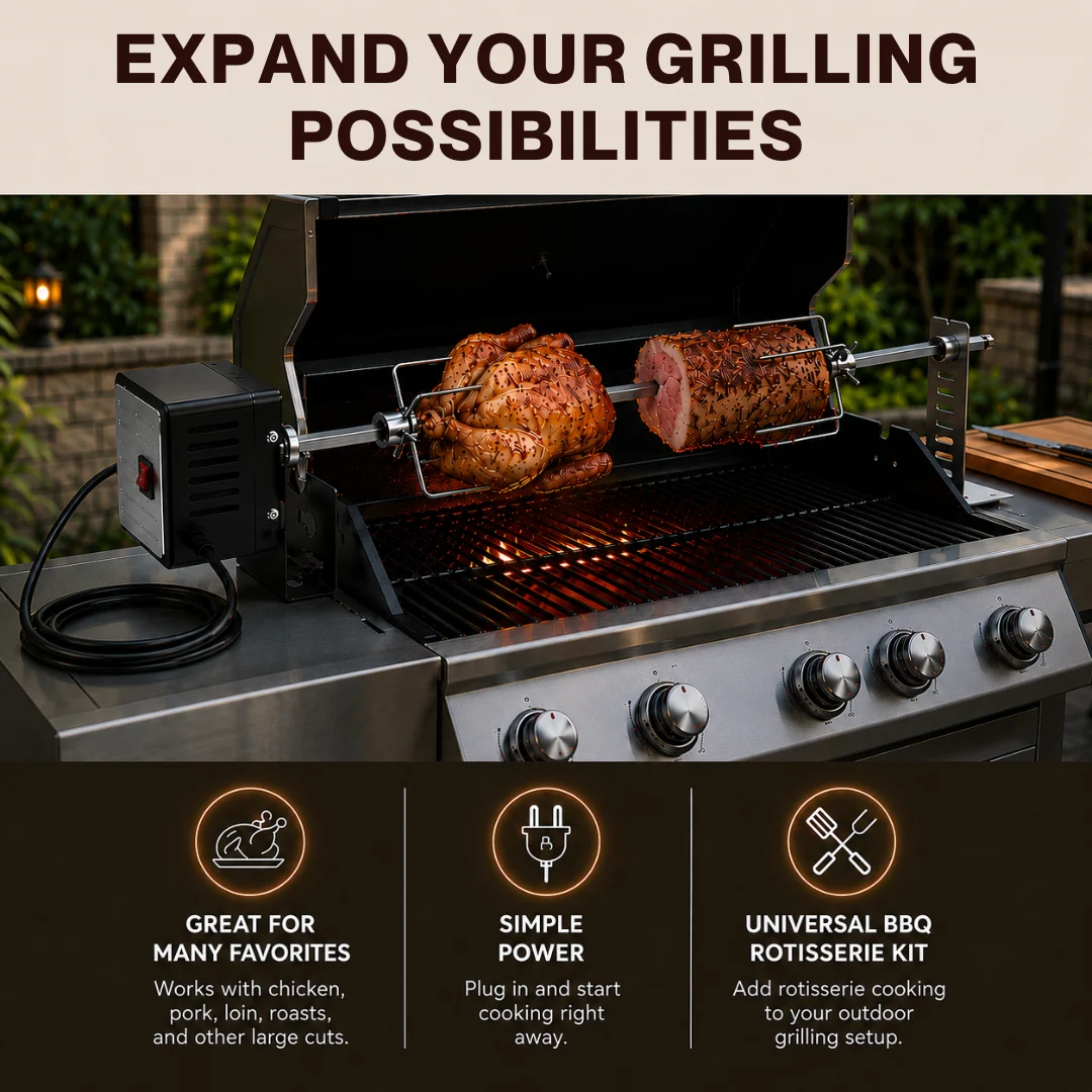 Universal BBQ Grill Rotisserie Kit with 28 Inch Spit Rod & Motor