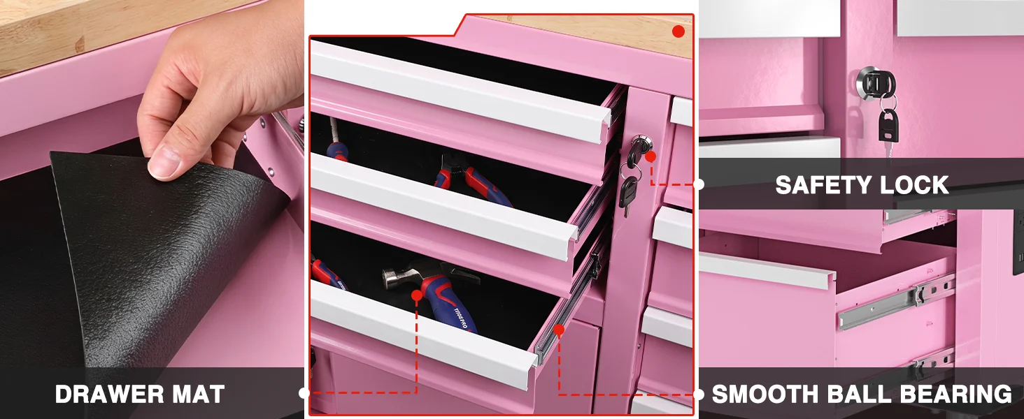 A pink tool drawer with a drawer mat and open compartments, showing innovation and secure, durable hardware