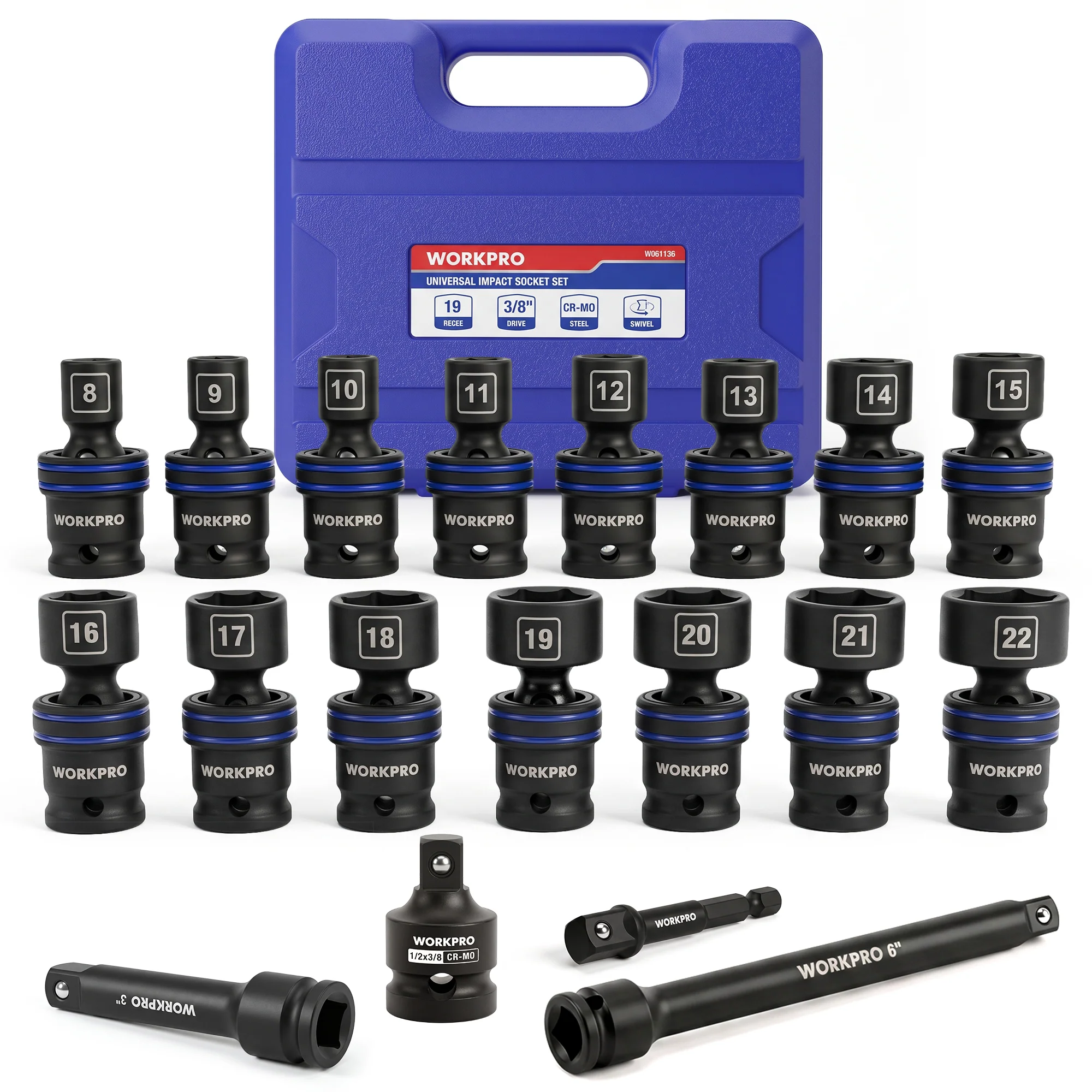 WORKPRO 19-Piece 3/8" Dr. Universal Impact Socket Set, Metric - Image 2