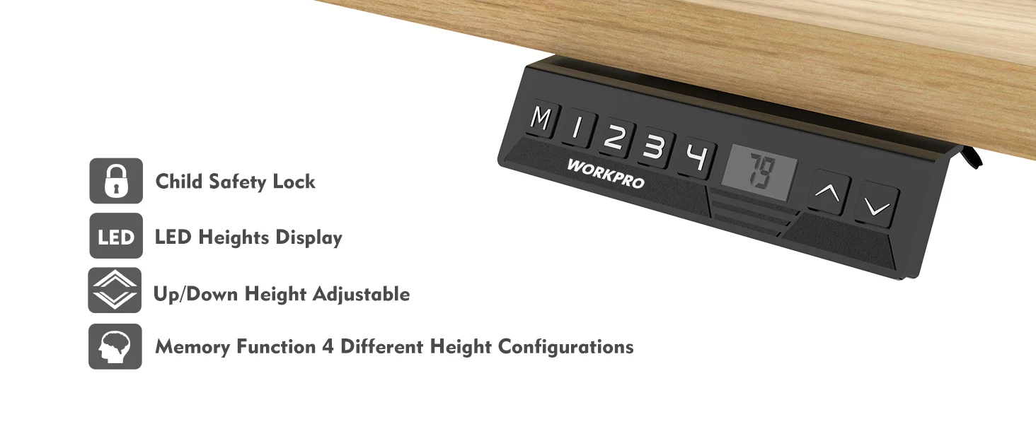 Adjustable desk control panel with LED heights display and memory settings, showing secure child safety lock