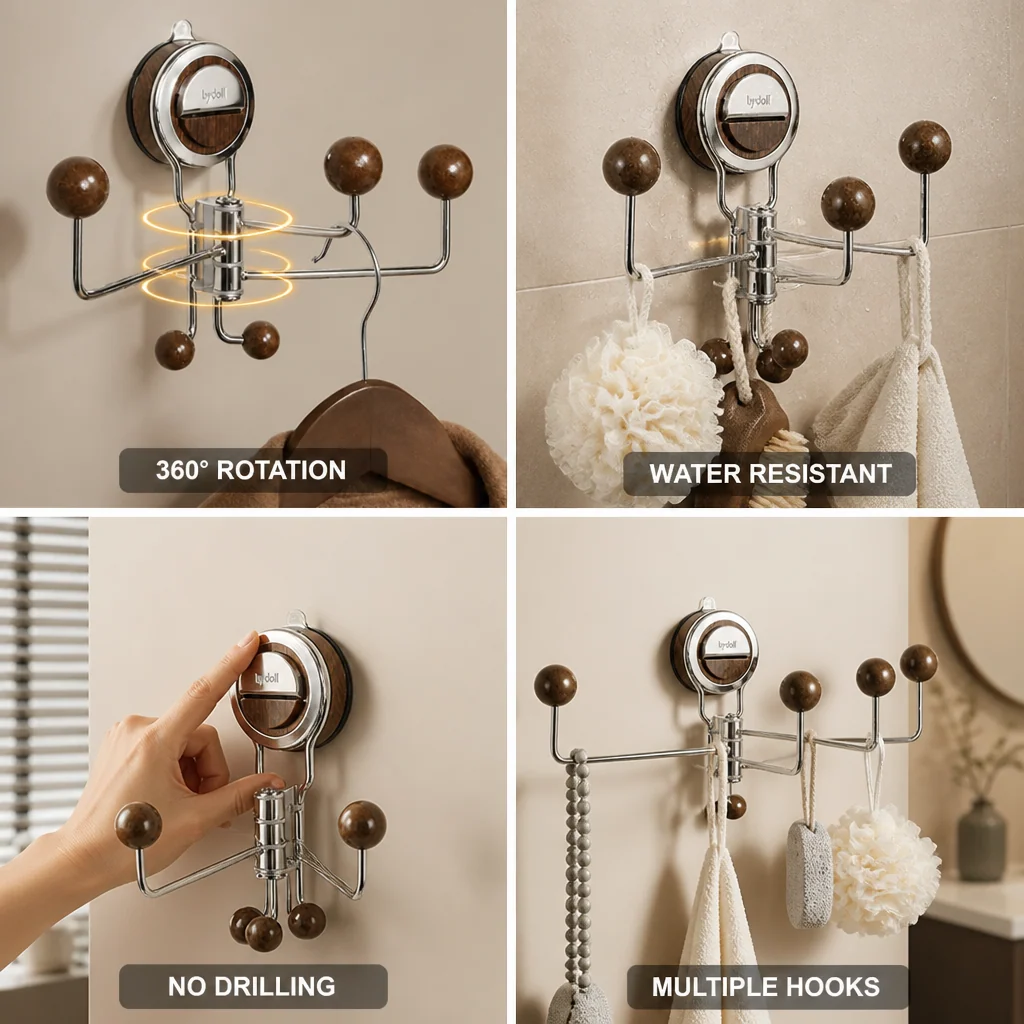 Bathroom Wall Hook Suction-Cup 360 Degree Rotating Stainless Steel - Image 3