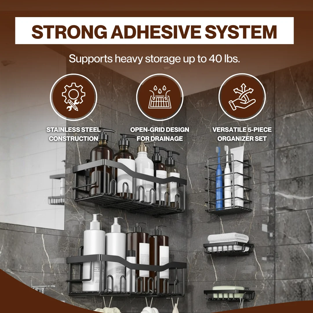 5-Pack Stainless Steel Wall Caddy Set for Bathroom and Kitchen Space