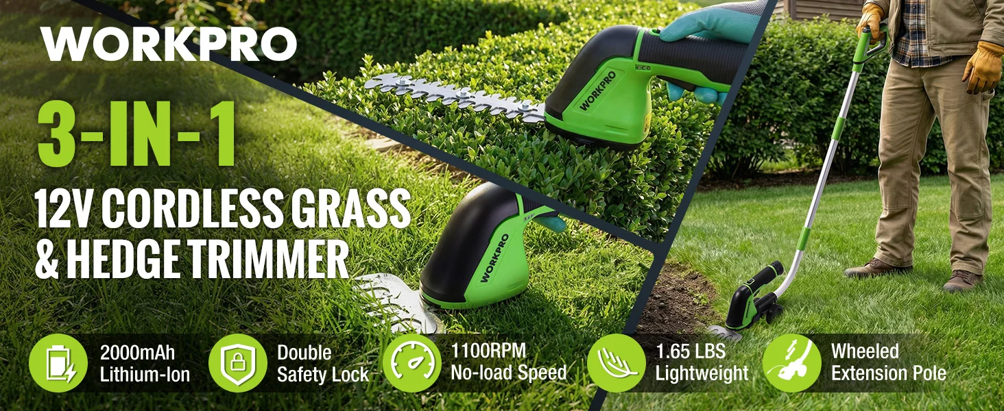 Green cordless grass and hedge trimmer with extension pole cutting lawn, with innovation and quality shown on packaging