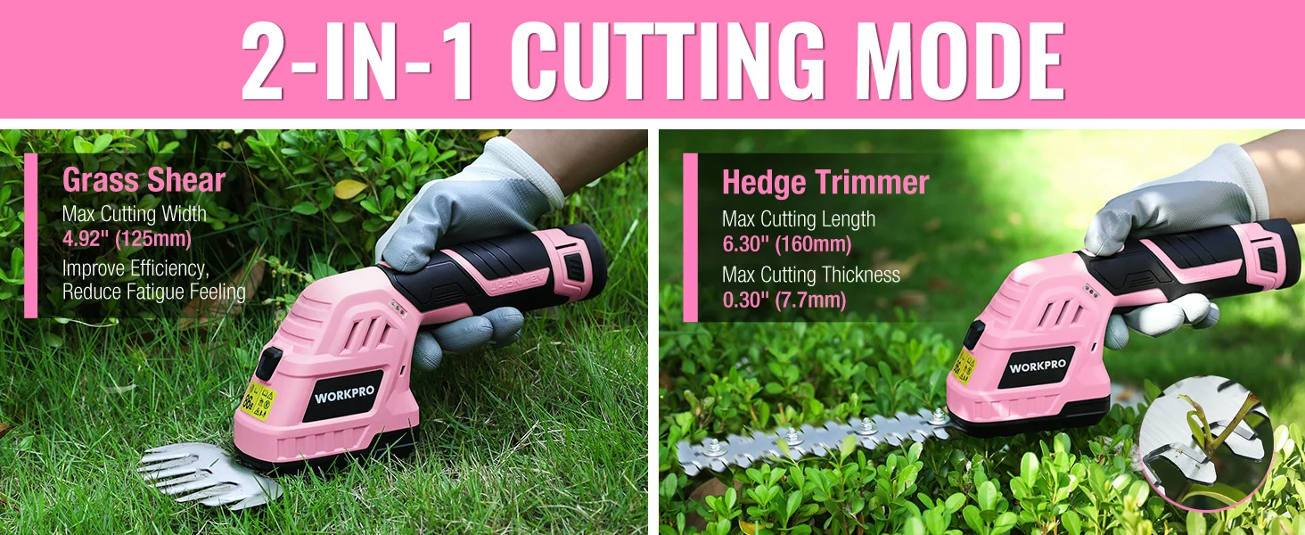 Garden tool display with innovation and quality text, showing a pink grass shear and hedge trimmer on green grass