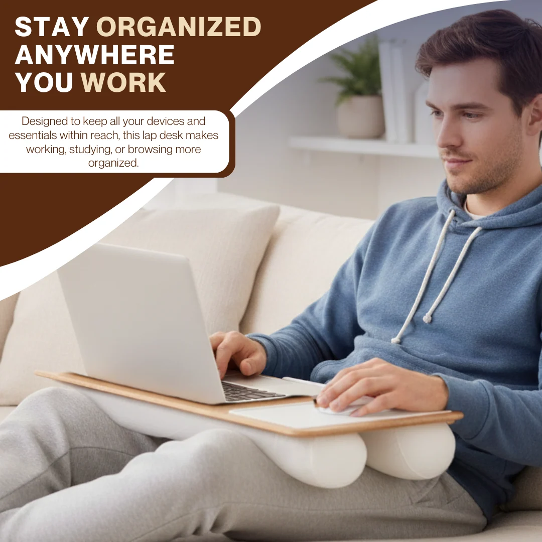 Portable Home Office Lap Desk with Mouse Pad, Cushion & Phone Slot