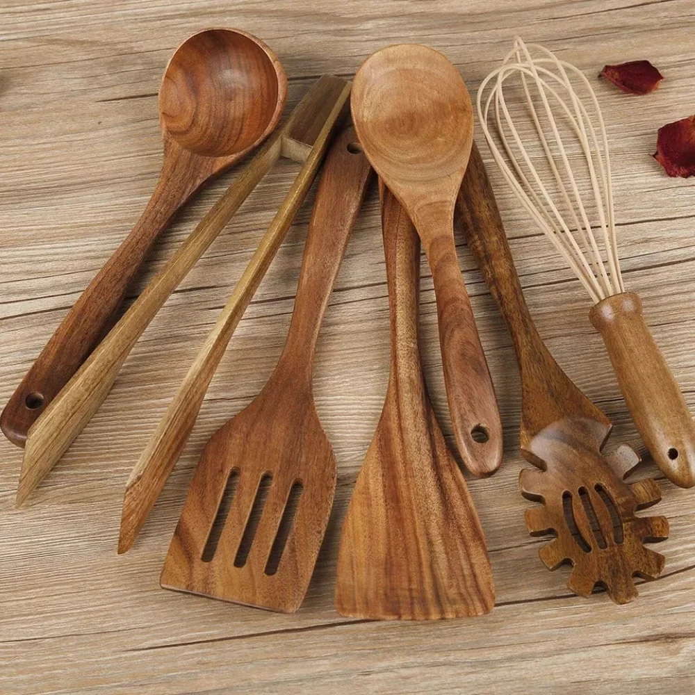 Cooking Utensil Set Premium Wood 7 Piece Non-Scratch