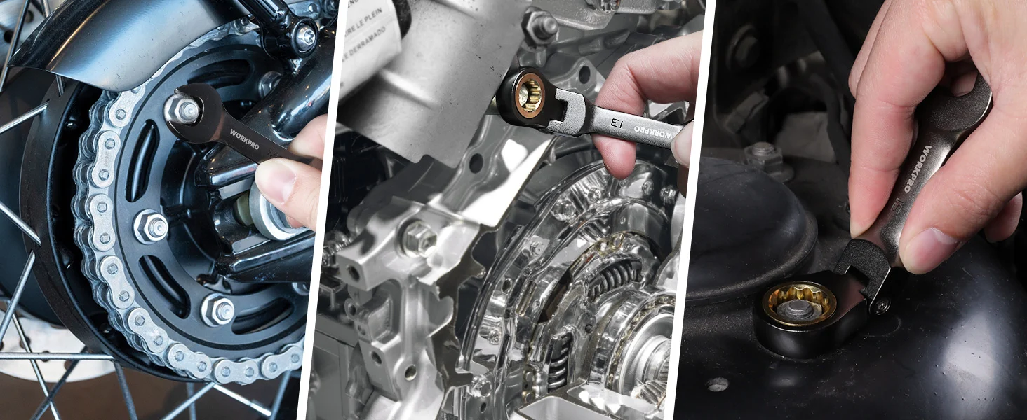 Motorbike maintenance with innovation and quality, showing a chain sprocket, engine parts, and a hand tightening a bolt