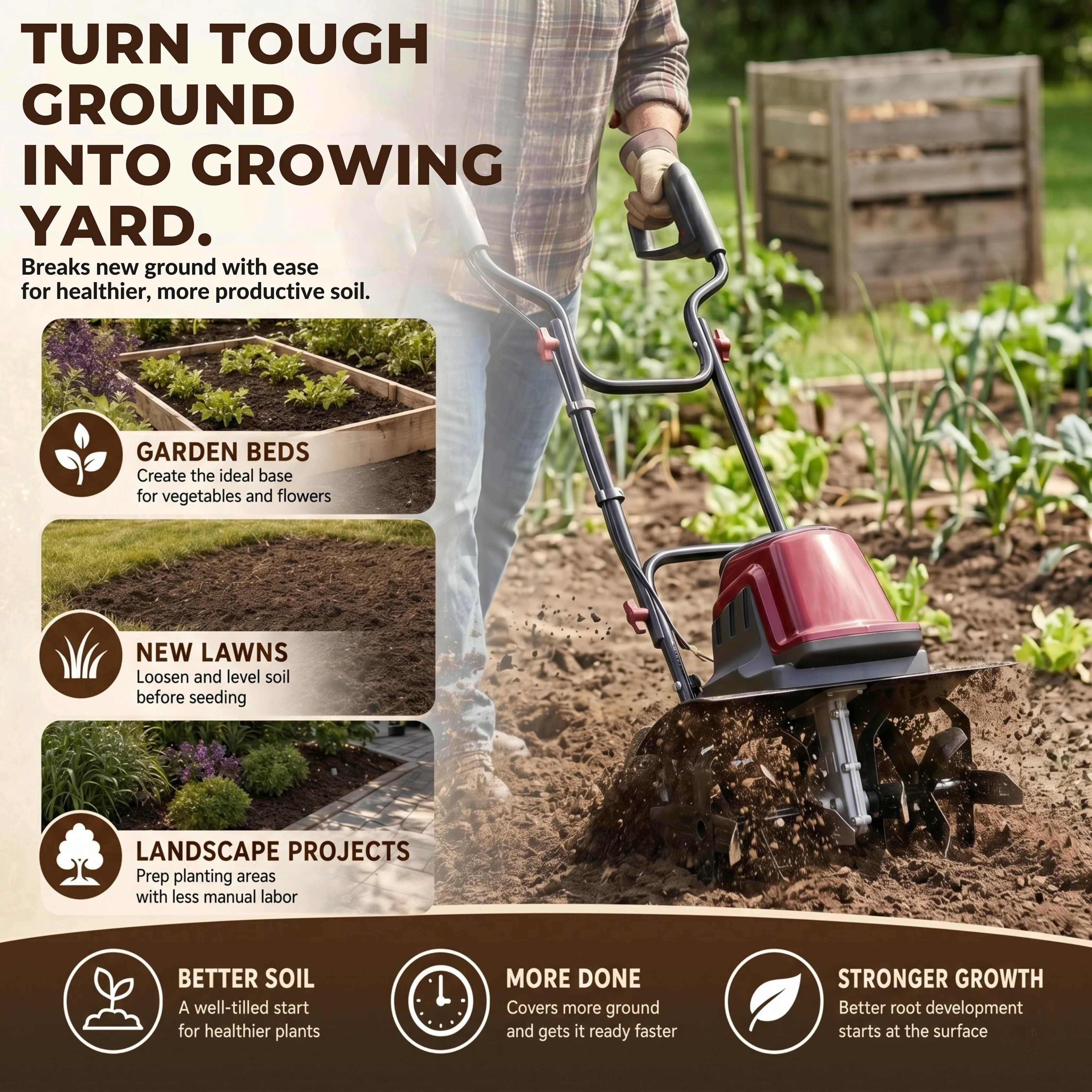 18 Inches Electric Garden Cultivator with 6 Steel Tines AC Powered