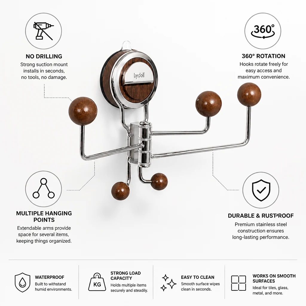 Bathroom Wall Hook Suction-Cup 360 Degree Rotating Stainless Steel - Image 4