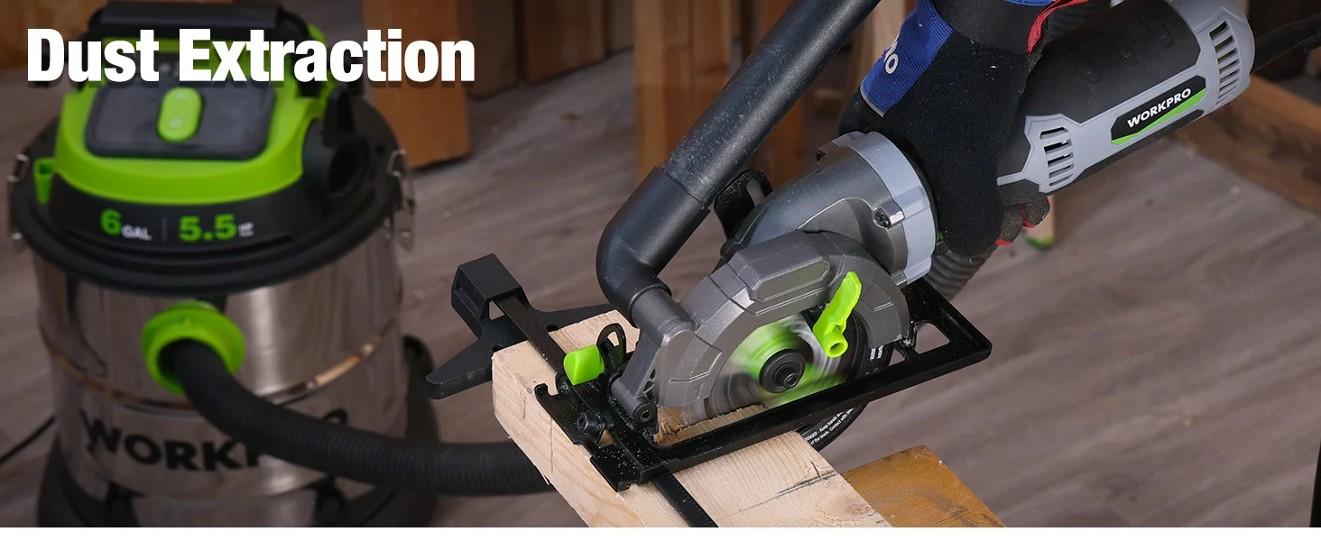 Circular saw cutting wood with dust extraction and a vacuum canister in a workshop, showing innovation and quality