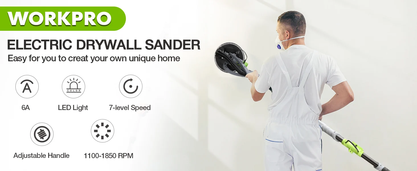 Electric drywall sander with a worker in white overalls, showing speed, LED light, and adjustable handle icons