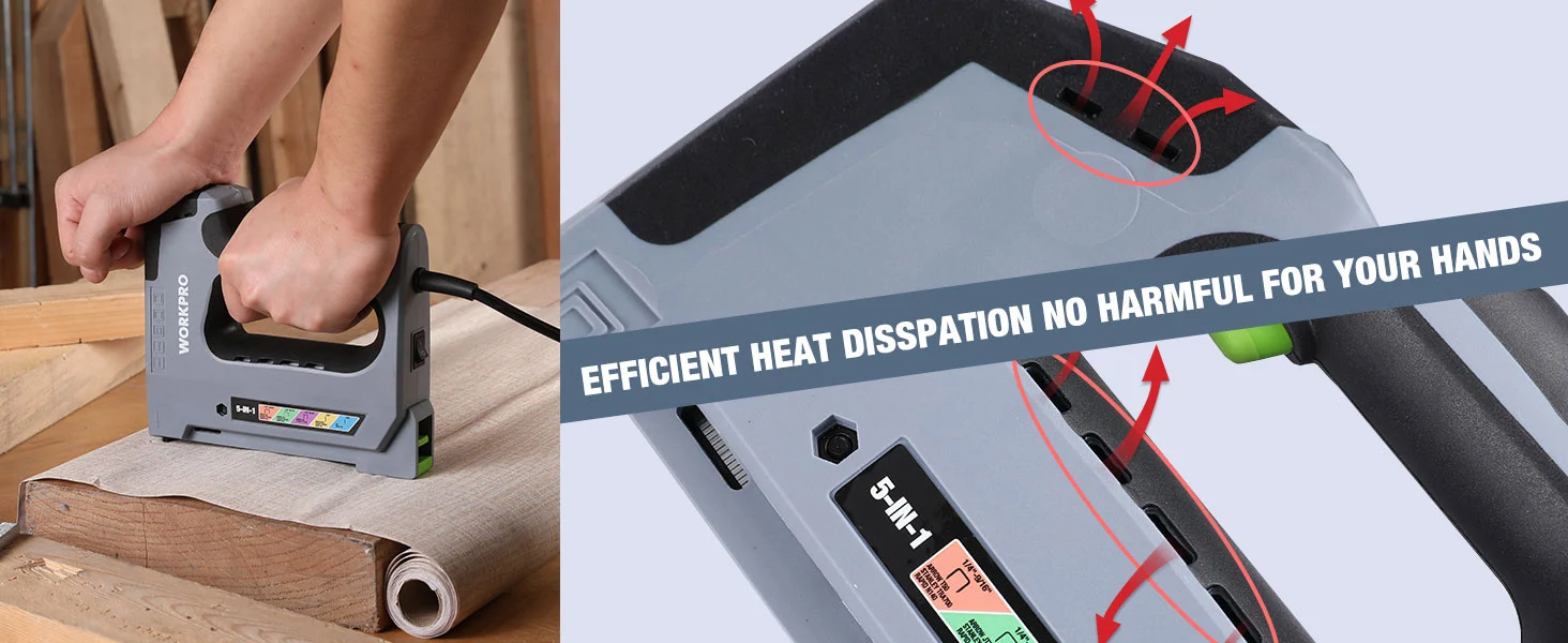Hands using a gray work tool on wood, with arrows pointing to heat dissipation and safe handling